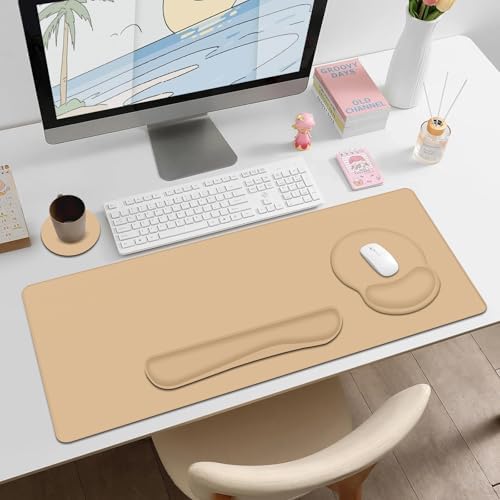 4 PCS Mouse Pad Desk Mat Protector, Keyboard Wrist Rest + Comfortable Mouse Pad Wrist Rest +Coaster, Large Gaming Mousepad for Computer Laptop, 35.4"X 15.7" Deskpad for Office Home I Sand Color