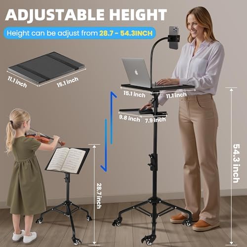 Projector Stand Tripod - 28.7 -54.3 Inch Adjustable Laptop Tripod Stand with Wheels - Dual Tray Portable Laptop Stand with Phone Holder for Office, Home, Stage, DJ Equipment & Outdoor Movies