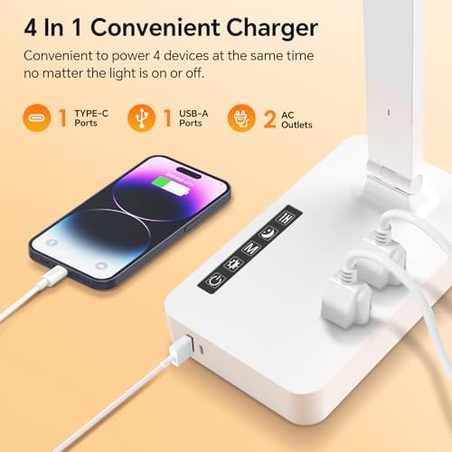 LAOPAO Desk Lamp with USB Charging Port: Power Strip with Surge Protection - 1 Type-C, 1 USB-A Charging Port, 2 AC Power Outlets, Desk Lamps for Home Office College Dorm Room Essentials