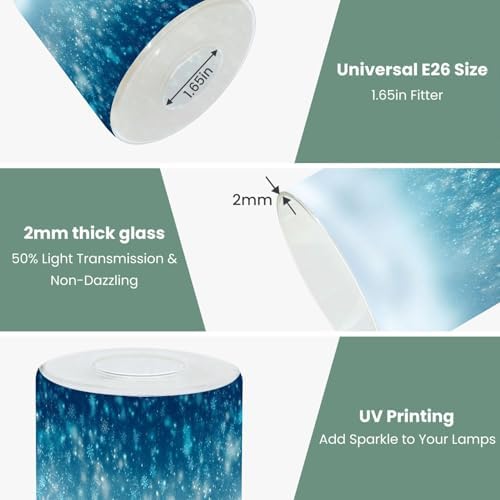 2 Pack Cylinder Glass Lamp Shade Winter Snowfall snowflakes turquoise blue Cold winter Christmas New Covers with 1-5/8" Fitter Opening Light Fixture Replacement for Table Lamp Bathroom Vanity Light