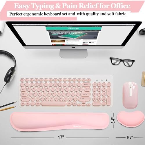 BamLue Upgrade Silky and Superfine Fabric Keyboard Wrist Rest, Gel Mouse Wrist Pillow Pad Set for Easy Typing & Pain Relief for Laptop, Office & Home, Ergonomic Sets for Keyboard-Pink