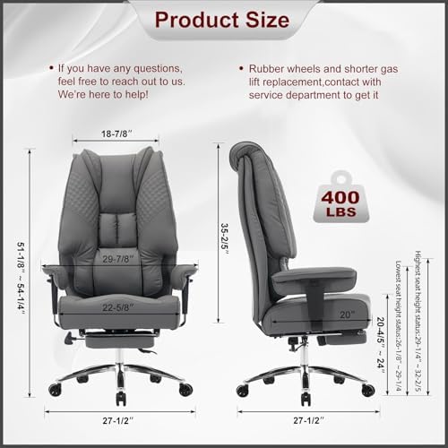 EXCEBET Big and Tall Office Chair 400lbs Wide Seat, Leather High Back Executive Office Chair with Foot Rest, Ergonomic Chairs Lumbar Support for Lower Back Pain Relief (Grey)
