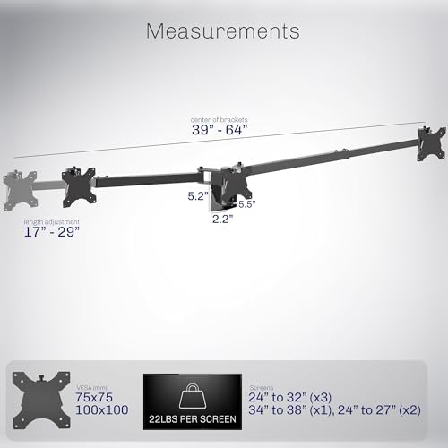 VIVO Premium Triple Monitor Wall Mount for 3 Screens up to 22 lbs, Fits up to 38 inch Ultrawides on Center Bracket, Adjustable Telescoping Arms, Flush Wall Setup, Black, MOUNT-TS03C