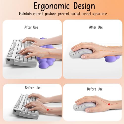 Keyboard Wrist Rest Mouse Wrist Support Set, Cloud Keybroad Wrist Rest Pad with Non-Slip PU Base, Memory Foam Wrist Rest for Pain Relief Computer Laptop Gaming Home Office, Purple