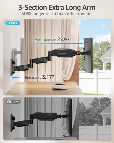 MOUNTUP Long Arm Monitor Wall Mount for 17-32” Screens, Supports 4.4-17.6lbs, Long Reach Arm Extends Up to 27.97”, Copmuter Wall Mount Monitor Arm, Full Motion Tilt Swivel Rotation, VESA 75x75 100x100