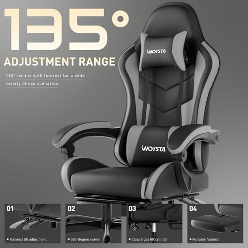 Ergonomic Gaming & Office Chair，Footrest, Racing Design Grey
