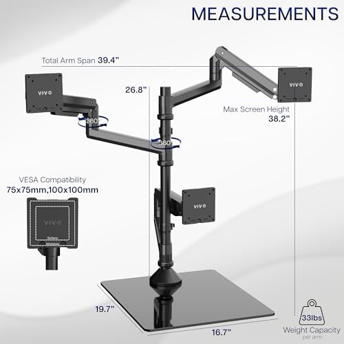 VIVO Pneumatic Arm Triple Ultrawide Monitor Desk Stand for Up to 49 inch Screens with Tempered Glass Base, Holds 3 Ultra Wides Up to 33 lbs Each, Black, STAND-V300FG