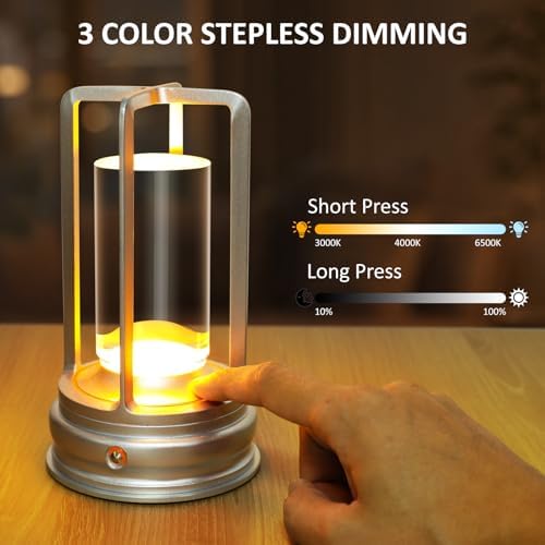 Cordless Table Lamp - Crystal Rechargeable Lamp with Touch Control & Dimmable Light, Portable Lamp for Bedside, Outdoor, Living Room & Hotel-Style Lighting, Sliver