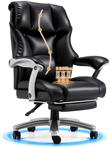 HOMREST Big and Tall Office Chair, 550LBS Heavy Duty Office Chair for Heavy People, Leather Executive Chair with 155° Recline Backrest, Large Back Pocket & Footrest Black