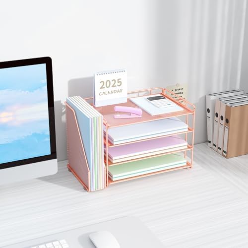 Spacrea Desk Organizers and Accessories, Paper Organizer for Desk with File organizer, Desk Accessories & Workspace Organizers for Office Supplies (Rose Gold)