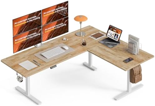 Grandder 75 x 61 Inch L Shaped Standing Desk, Electric Height Adjustable Corner Stand Up Desk, Sit Stand Corner Table Home Office Table, Oak Top White Frame