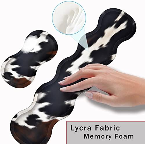 Keyboard Wrist Rest and Mouse Pad with Wrist Support Set Ergonomic Coaster,Memory Foam,Easy Typing Pain Relief,Large XL Desk Mat 31.5"x 11.8",Cute Cowhide Brown Black Cow