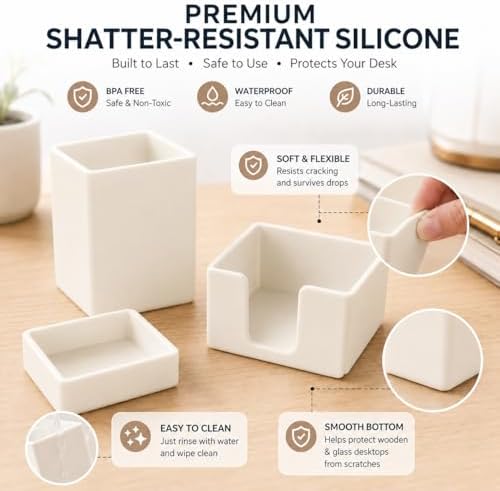 minimaliving Aesthetic Silicone Desk Organizer Set of 3,Modern Office Desk Accessories with Pen Holder,Paperclip Tray,Sticky Note Holder,Stylish Functional Office Desk Decor for Back-to-school(Beige)