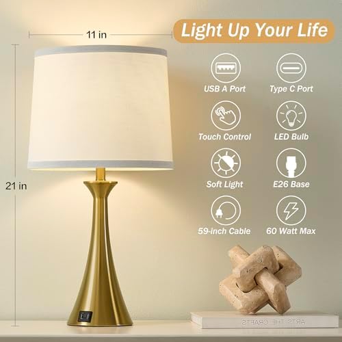Touch Table Lamps Set of 2, 21" Bedside Lamps with USB C+A