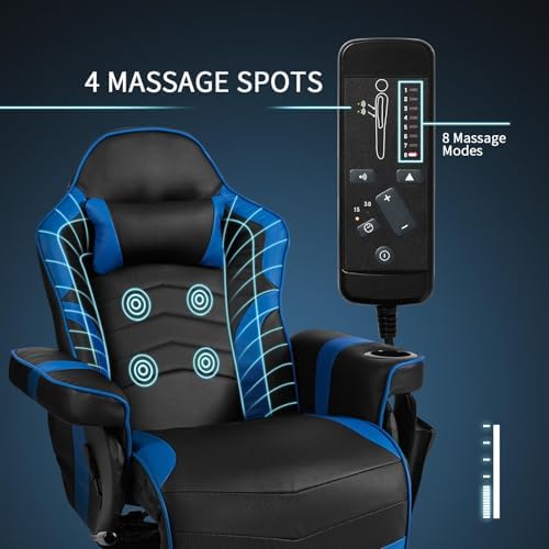GYMAX Gaming Chair with Footrest, Massage Video Game Chairs for Adults with Remote, Adjustable Backrest, Headrest, Cup Holder & Side Pocket, Ergonomic High Back Office Computer Chair (Navy)