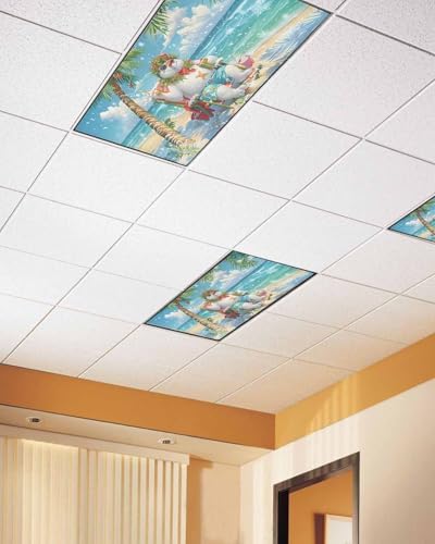 Christmas Magnetic Fluorescent Light Covers for Ceiling Lights 2 x 4 Feet,Beach Snowman Hawaii Tropical Tree Blue Green Office Classroom Kitchen Drop Ceiling Light Covers Filters Shade Panel 2 Packs