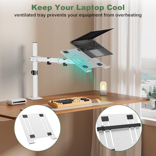 UPGRAVITY White Laptop Desk Mount with Vented Tray for Notebook up to 17 inch, Fully Adjustable Single Laptop Arm Stand Holds up to 17.6 lbs, Clamp on/Grommet Mounting