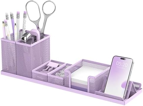 Pen Holder for Desk, 6-Piece Mesh Desk Organizer with Phone Holder, Purple