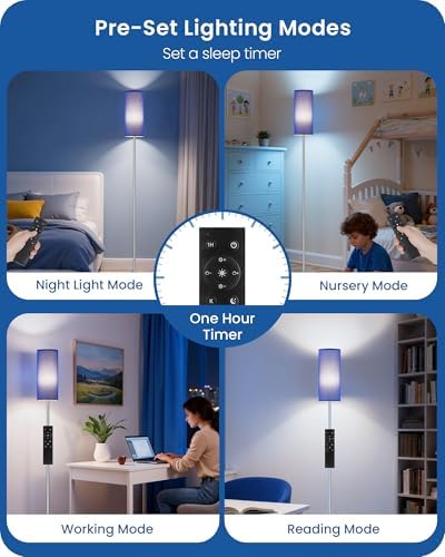 Dimmable Floor Lamps for Living Room with Remote and Foot Switch, 64.4” Modern Standing Tall Lamp, Corner Lamp for Bedroom, Office, Bulb Included, 3000K-6500K, Blue and Silver, FCC Listed SU06LD05W1