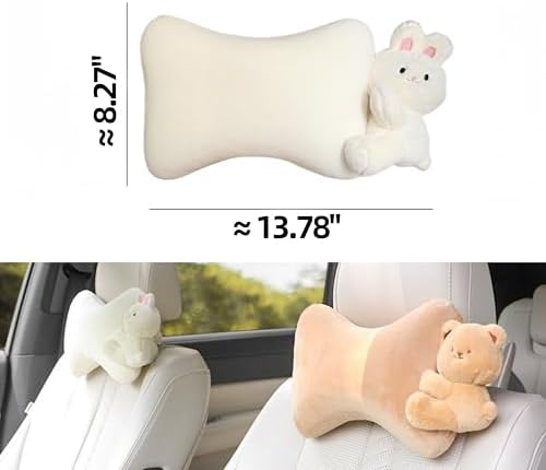 Car Headrest Pillow 2PCS Plush Bear ＆ Bunny Car Seat Headrest Pillow - Memory Foam Neck Support Cushions for Comfortable Driving, Easy Install & Washable (White Rabbit)