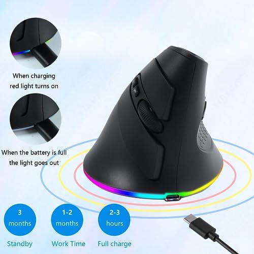 Wireless Mouse, Vertical Ergonomic Mouse 2.4G Bluetooth Dual Mode 3 DPI Rechargeable Connect Multiple Devices Vertical Mouse 6 Buttons and RGB Lights Suitable for PC Laptop Computer(Black)
