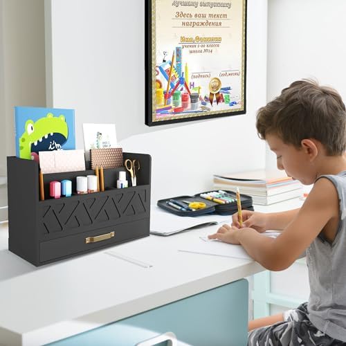 Bamboo Mail Organizer Countertop Pen Holder Wooden Desktop Storage Drawers