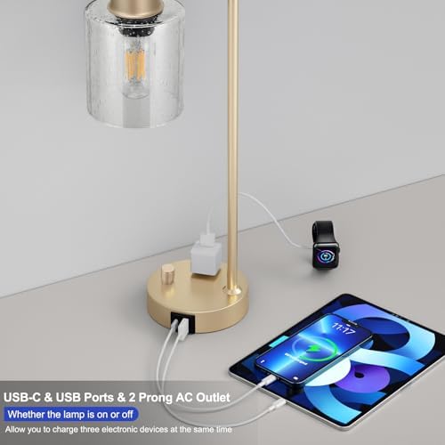 Innqoo Champagne Gold Industrial Bedside Table Lamp for Bedroom - Nightstand Lamps with USB C Charging Port, Fully Dimmable Black Ports and Outlets, Small Desk Glass Shade Office Living Room