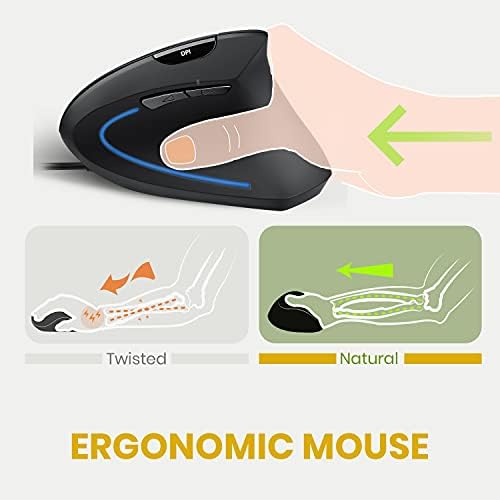 Perixx PERIMICE-513 Wired Ergonomic Vertical Mouse - 6 Buttons with 1000/1600/3200/6400 DPI - Right-Handed Design - Wired USB 5.9ft Cable - Black
