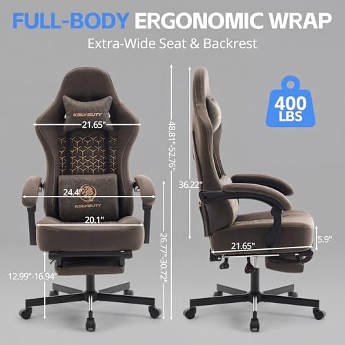 Gaming Chair Breathable Leather with Pocket Spring Cushion, Wide and High Ergonomic Office Chair with Headrest, Computer Gaming Chair with Footrest for Adult and Teen (Grey)