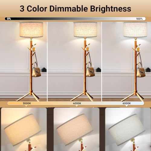 Coat Rack Floor Lamp, 2-in-1 Entryway Tall Lamp 3 Color Dimmable 58.8" Standing Lamps with 4 Hooks & Triangular Base for Living Room Corner, Bedroom, Small Apartments & Foyers