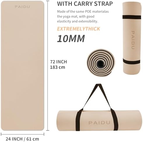 PAIDU POE Yoga Mat （10mm）Extra Thick Fitness Mat 72"x24" with Carry Strap