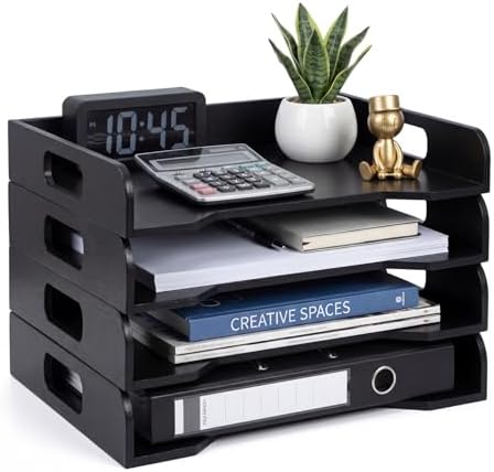 Yinkin Wooden Stackable Paper Trays 4-tier Wooden Paper Organizer for Desk Letter Documents Woodens Desktop File Organizers for Desktop File Holder and Office Supplies Rack for Home Office Use (Black)