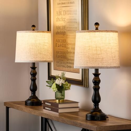 Black Table Lamps Set of 2, Black Lamps for Bedroom, USB C+A Ports