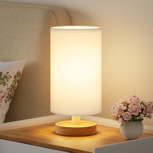 Fenmzee Small Table Lamps (White Shade - Wood Base, 9" Inline Control)