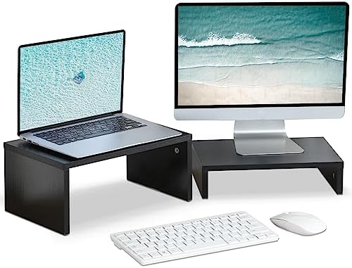 TEAMIX 2-Pack Monitor & Laptop Stand Riser,Wood High-Low Dual Monitor Setup