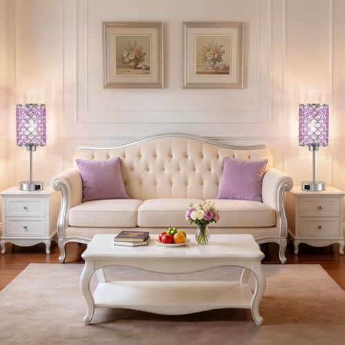 GyroVu Purple Crystal Bedside Table Lamps Set of 2 with USB C+A Ports