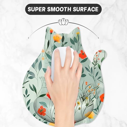 Ergonomic Mouse Pad with Wrist Rest, Cute Cat Memory Foam Padded Pain Relief Non-Slip Wrist Support Mouse Mat for Gaming Work Computer Laptop, Funny Office Supply Desk Accessory, Pretty Flower
