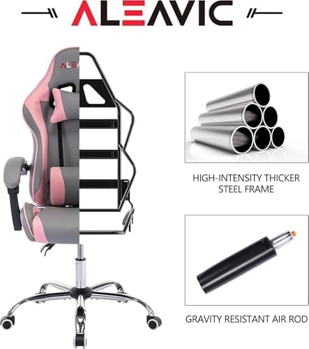 Gaming Chair with Massager, Fabric Gaming Chairs for Adults, Ergonomic Gamer Chair with Adjustable Headrest and Lumbar Support, Reclining Computer Game Chair, High Back, Frost Pink
