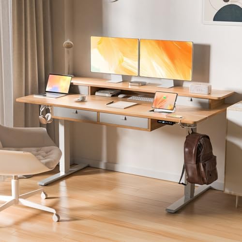 63 x 30 Inch Electric Standing Desk with 4 Drawers, Natural