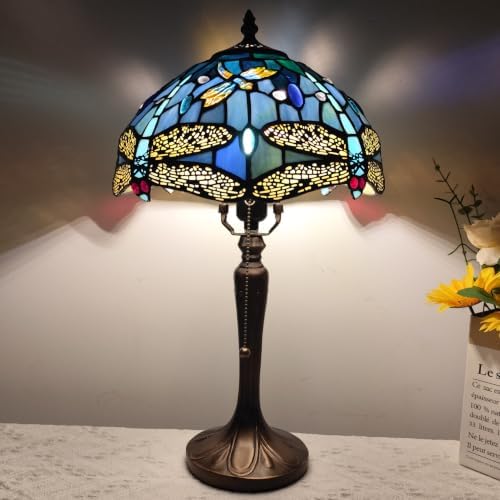 Tiffany Lamp Blue Dragonfly Stained Glass Table Lamp with 3-Color Temperature Vintage Bedside Nightstand Night Light for Bedroom Dorm Living Room Hallway Cottage Office Decor