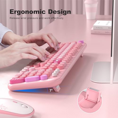 MOFII Wireless Keyboard and Mouse Combo, Full Size 2.4G Plug and Play Typewriter Retro Round Computer Keyboard and Mouse Set for Windows, Computer, Desktop, PC, Notebook - (Pink Colorful)