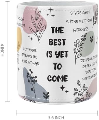 Pen Holder Cute, Pencil Cup, Makeup Brush Holder, Multi-Functional Round Leather Pen Supply Organizer for Teens Adults, Inspiring Words Pattern