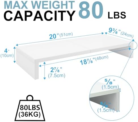 TEAMIX 20 inch White Monitor Stand Riser, Wood Desktop Computer Stand