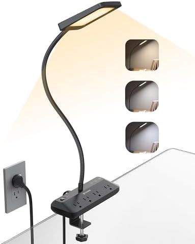 TROND LED Desk Lamp with Clamp Power Strip, 6ft Flat Plug Extension Cord