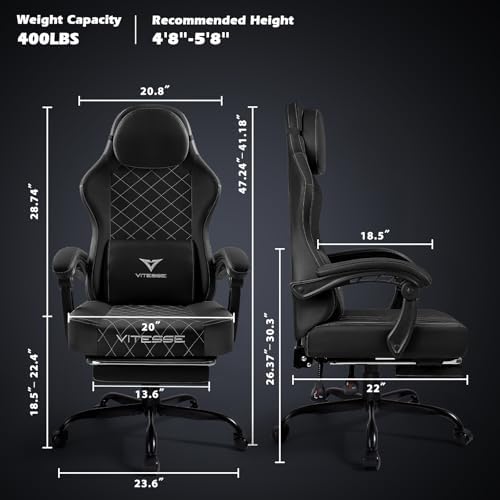 PUKAMI Gaming Chair with Footrest,Ergonomic Gamer Chair for Adults, Racing Style Reclining Computer Game Chair with Headrest and Lumbar Support (Black)