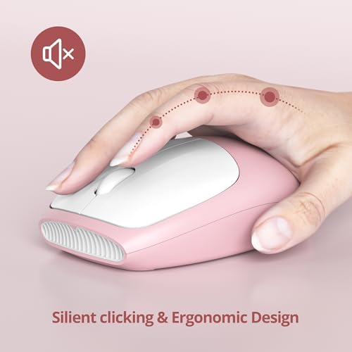 surmen Cute Wireless Keyboard and Mouse Combo, Pink Wireless Keyboard with Silent Mouse, Full Size Slim Low-Noise Soft Touch Round Keys for Home and Office,（6-Pink）