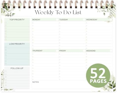 Weekly To Do List Notepad, 52 Sheets, Undated Weekly Planner, Letter Size