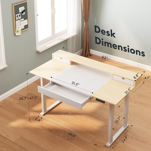 SANODESK Electric Standing Desk with Drawers, 63 x 32 inch Height Adjustable Computer Desk, Home Office Stand Up Desk with 3 Preset Heights, White