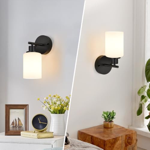 Set of 2 Wall Sconces for Bathroom,Black Modern Vanity Lights with Milky White Frosted Glass Shades,Bathroom Wall Lamp, for Bathroom, for Mirror, Living Room, Kitchen, Hallway, Cabinet, Porch
