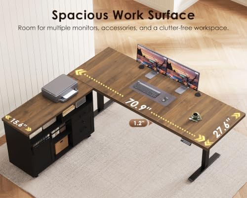 OffiGo 71 Inch Executive L-Shaped Electric Standing Desk, Walnut & Black